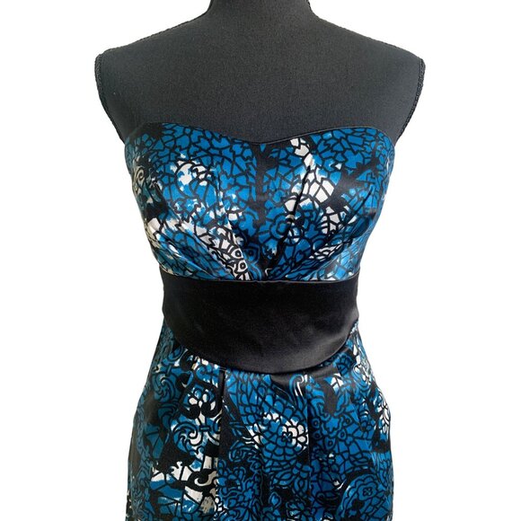 Trixxi Juniors Strapless Blue & Black Floral Pleated Dress With Bow Back Size 5 - Picture 7 of 13